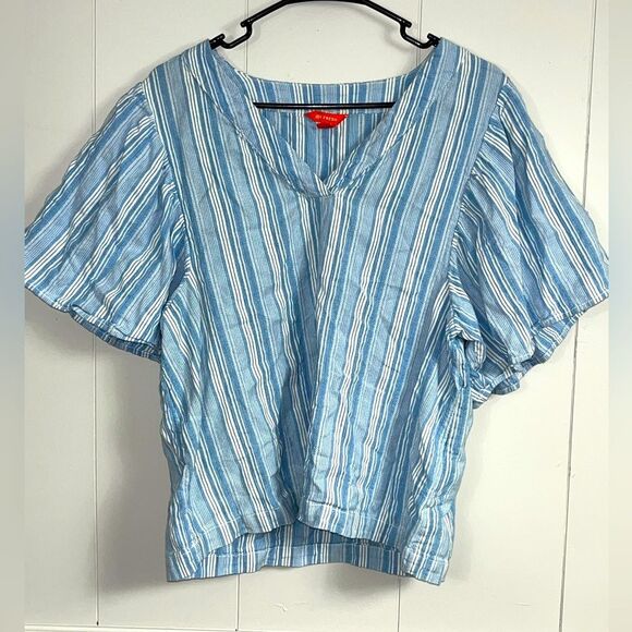 Joe Fresh 100% Cotton Popover Flutter Puff Short Sleeve Seaside Stripe Top Large - Picture 1 of 4